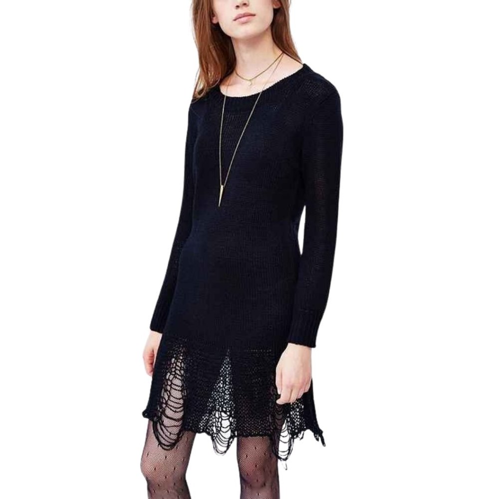 UNIF Distressed Hem Knit Long Sleeve Sweater Tunic Dress